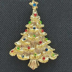 Vintage Holiday Pin Antique Gold Christmas Tree Brooch Red Green Blue Ornaments